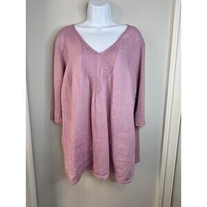 J Jill Love Linen Pintucked Tunic Blouse Top XL Pink 3/4 Sleeve Slits Cottage